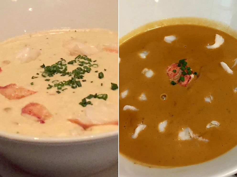 PHOTO: The Patriots soup, left, is lobster corn chowder, while the Seahawks version is dungeness crab bisque.