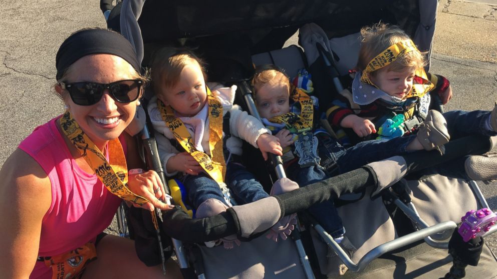 PHOTO: Suzy Goodwin, 35, of Fayetteville, North Carolina, ran a half marathon in 2 hours, 1 minute while pushing her 14-month-old triplets in a triple stroller.
