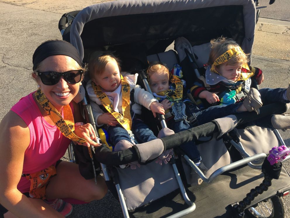 PHOTO: Suzy Goodwin, 35, of Fayetteville, North Carolina, ran a half marathon in 2 hours, 1 minute while pushing her 14-month-old triplets in a triple stroller.