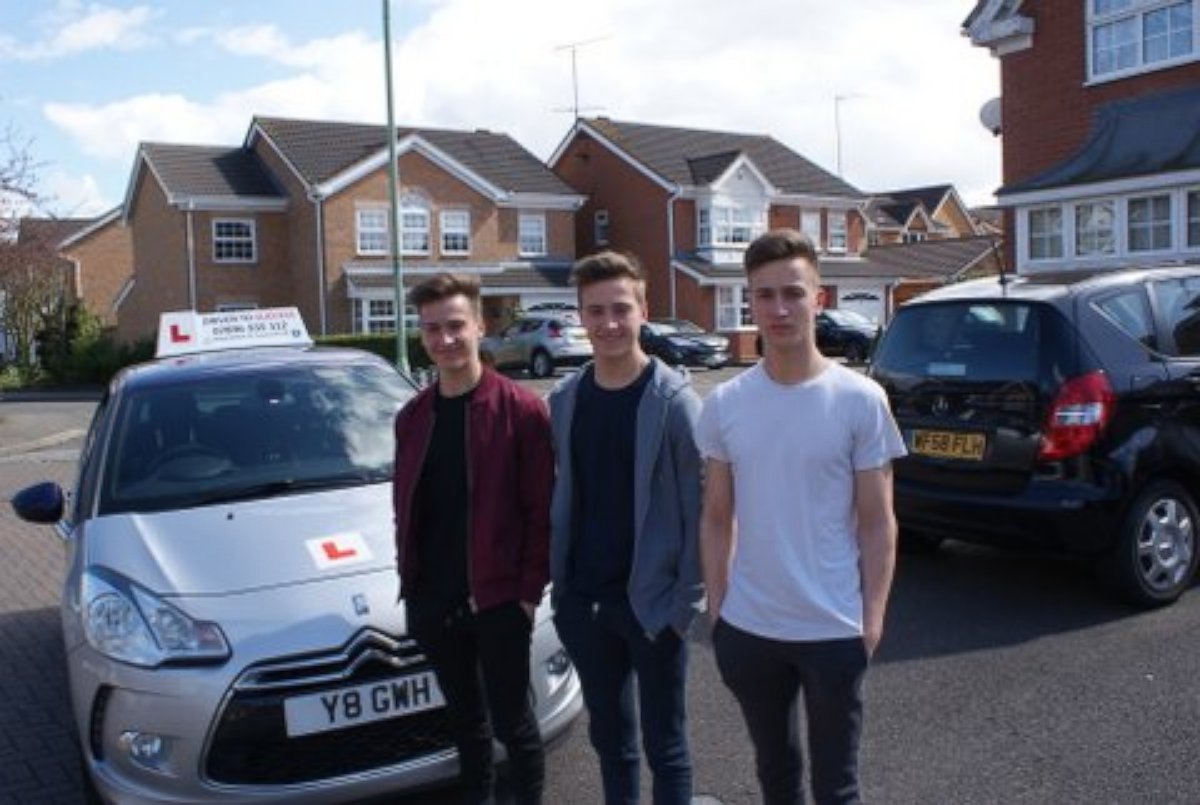 PHOTO: Cameron, Finlay and Ethan Cassidy of Ipswich, all 17, of Suffolk England, passed their driving tests on the same day, Sept. 23, 2016.
