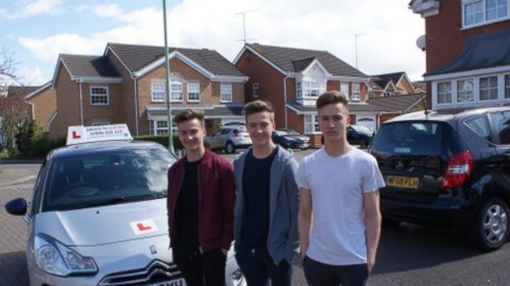 PHOTO: Cameron, Finlay and Ethan Cassidy of Ipswich, all 17, of Suffolk England, passed their driving tests on the same day, Sept. 23, 2016.