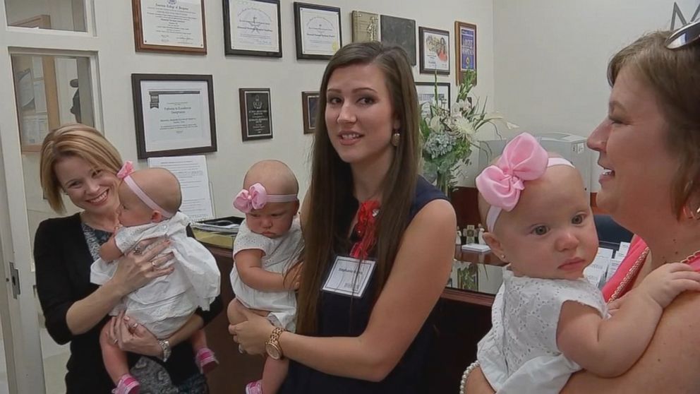 PHOTO: On August 5, identical triplets Kinsley, Savannah and Addison Harris, now 8 months old, visited the hospital workers who helped care for them in the NICU at at Memorial Hermann Southeast Medical Center in Houston.