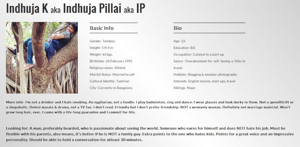 PHOTO: Indhuja Pillai's website describes the kind of man she'd like to marry.