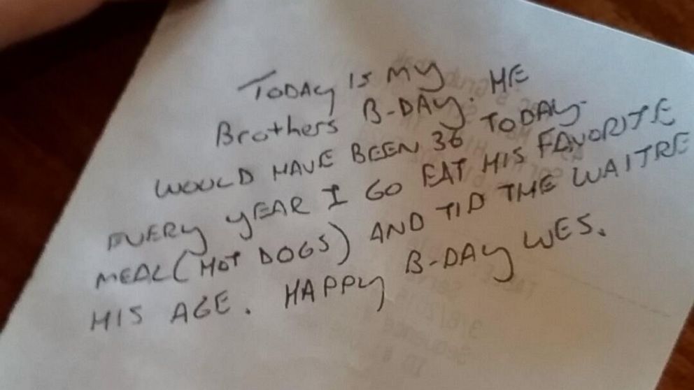 PHOTO: The 25-year-old waitress received a $36 tip and an anonymous note.