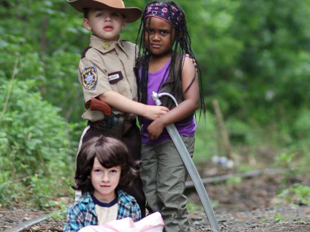 PHOTO: Mason, 5, poses as Rick Grimes, Emily, 4, poses as Michonne and Matthew, 6, poses as Carl. 