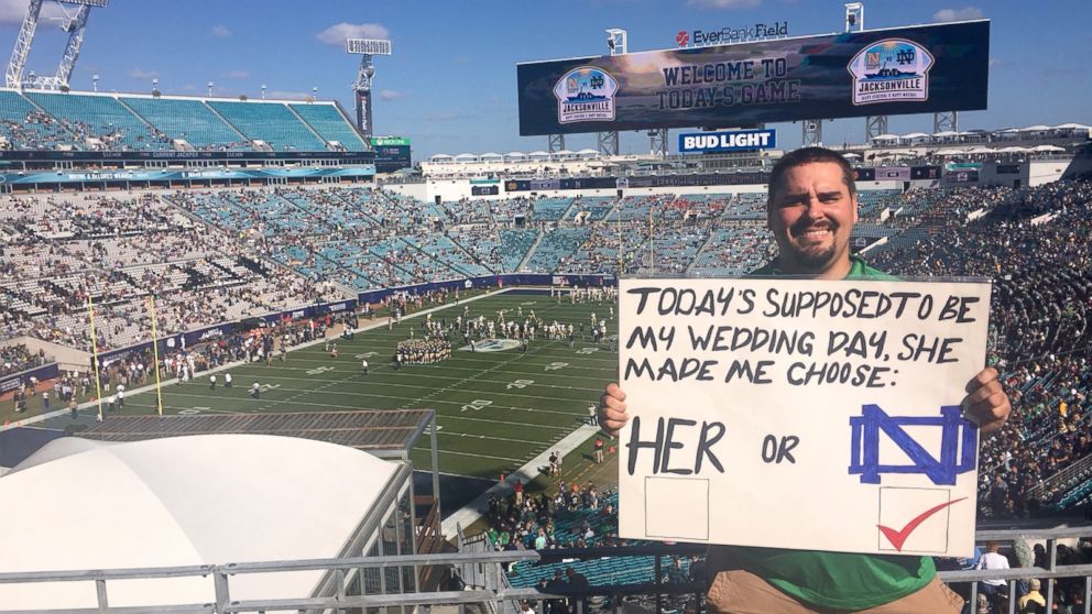 After his fiancee canceled their wedding, Sean Bradshaw's family and friends took him to the Notre Dame versus Navy game on Saturday, his would-be wedding day.