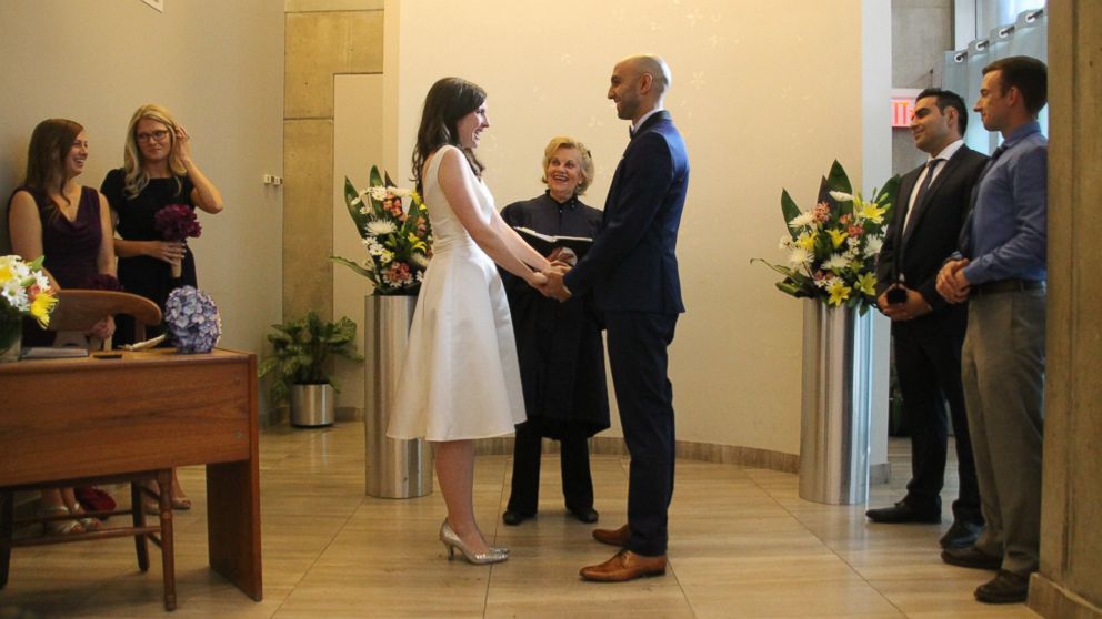 PHOTO:Samantha Jackson and Farzin Yousefian said they opted for a small city hall wedding on Oct. 9, 2015, to use the money they would've spent on a bigger wedding to instead help Syrian refugees.