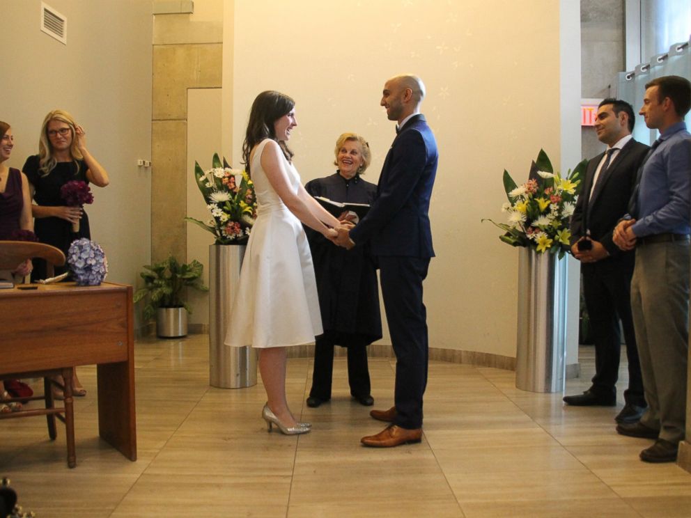 PHOTO:Samantha Jackson and Farzin Yousefian said they opted for a small city hall wedding on Oct. 9, 2015, to use the money they wouldve spent on a bigger wedding to instead help Syrian refugees.