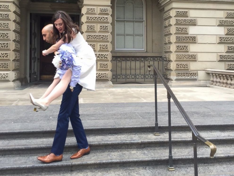 PHOTO:Samantha Jackson and Farzin Yousefian said they opted for a small city hall wedding on Oct. 9, 2015, to use the money they wouldve spent on a bigger wedding to instead help Syrian refugees.