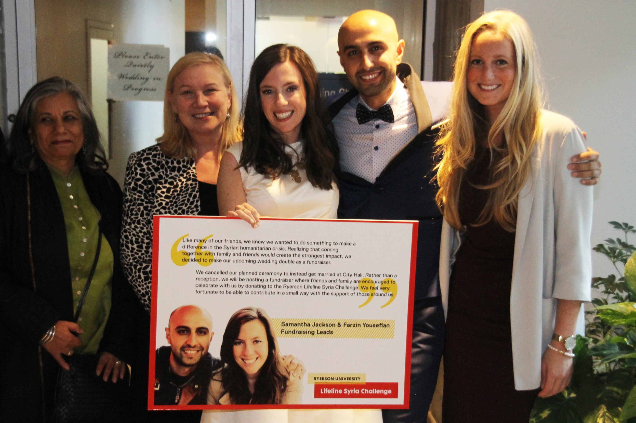 PHOTO:Ryerson University Lifeline Syria Challenge members (L-R) Ratna Omidvar, Wendy Cukier, Samantha Jackson, Farzin Yousefian and Krysten Connely are pictured together here.