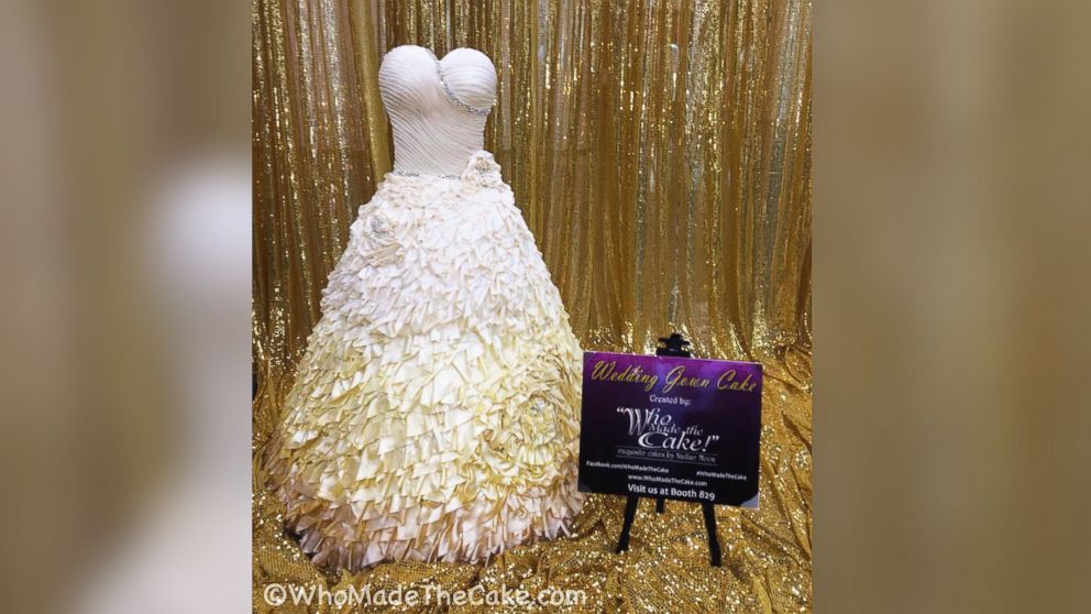 Baker Nadine Moon made a cake in the shape of a life-sized wedding dress for a bridal expo in Houston.