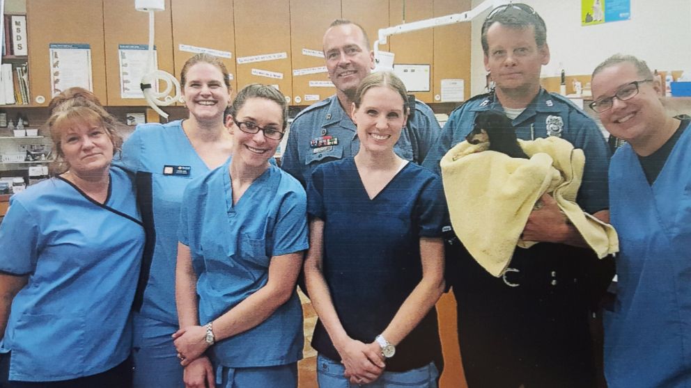 PHOTO: The medical staff and police officers who rescued the puppy from an overheated car pose for a photo with him.