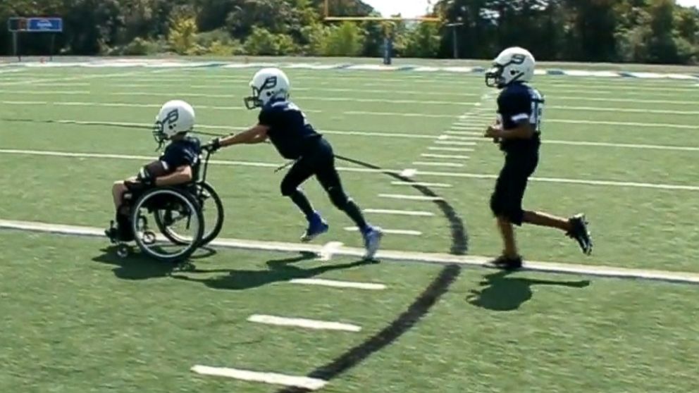 PHOTO: The Southside Batesville Middle School football team helped Gabe Mangus, a fellow classmate with spina bifida, fullfill his dream of scoring a touchdown.
