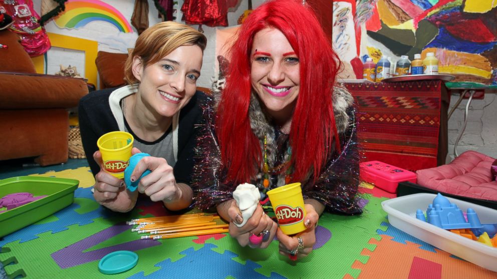 Candice Kilpatrick and Michelle Joni at the Adult Pre School in Brooklyn, N.Y., March 10, 2015.  Stressed out adults are spending up to $1,000 to unwind at the World's first grown up preschool. 