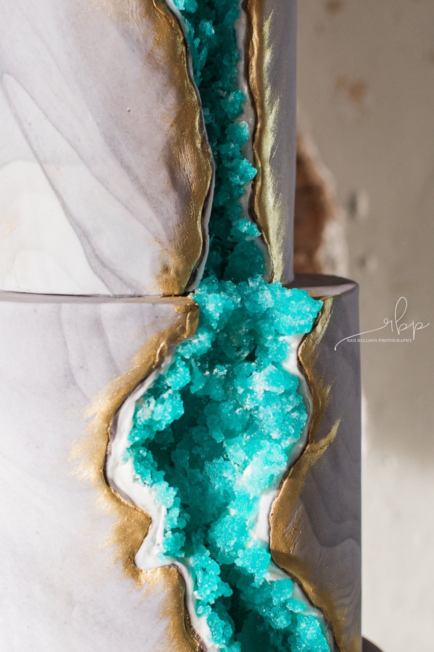 PHOTO: Close up look at the sugar details that create the marble and teal geode cake by cake designer Rachael Morris.