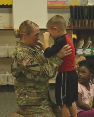 Sgt. Lacey Poltoratskiy surprised her 7th-grade daughter, JaiceyBelle Hunter, and kindergartner son, Daxton Hunter, at their schools in Hewitt, Texas, on Monday.