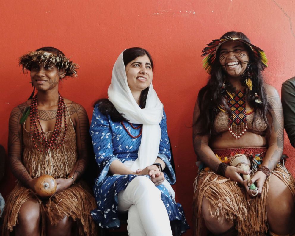 Malala with indigenous Brazilian girls in 2018.