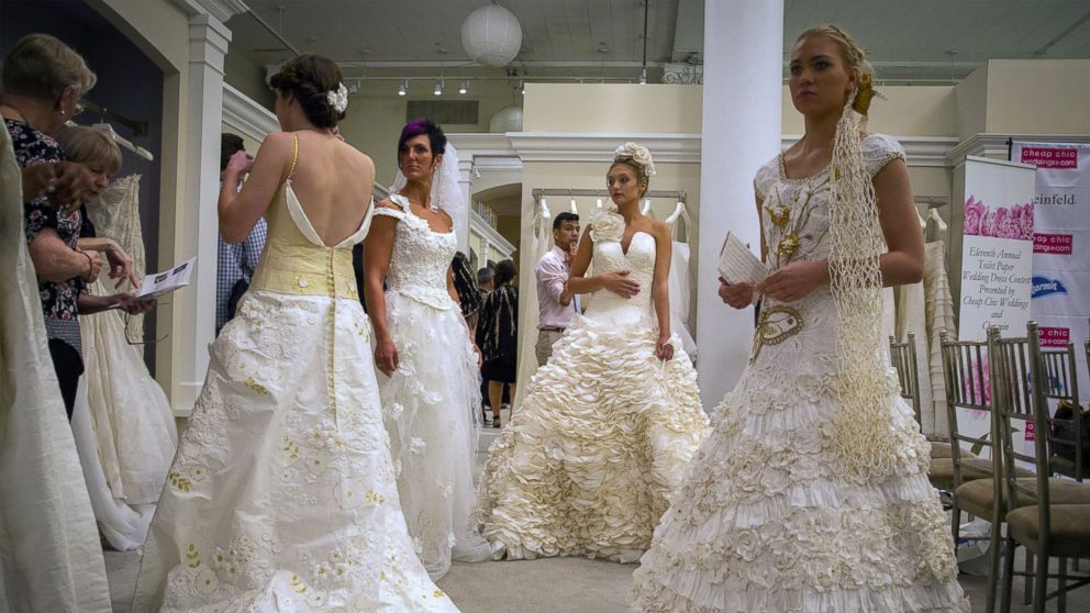 PHOTO: Models prepare for the 11th annual toilet paper wedding dress contest at Kleinfled's Bridal Boutique in New York, June 17, 2015. 