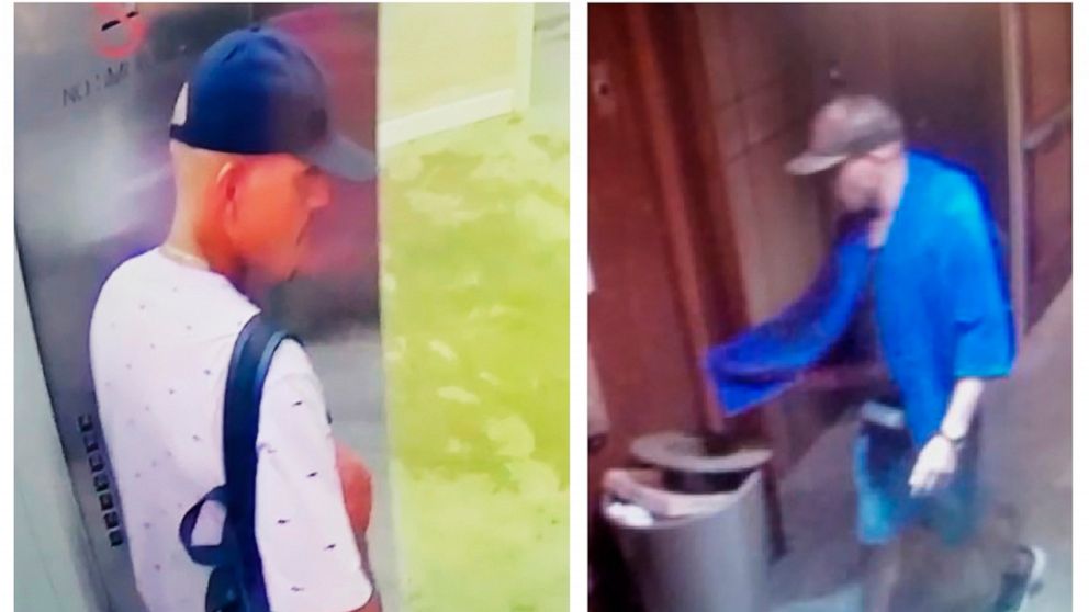 This combination of images made from surveillance video provided by the Honolulu Police Department shows a man seen at Alohilani hotel on Sunday, Aug. 4, 2019, left, and at Hilton Hawaiian Grand Waikikian on Tuesday, Aug. 6, near Waikiki Beach in Haw