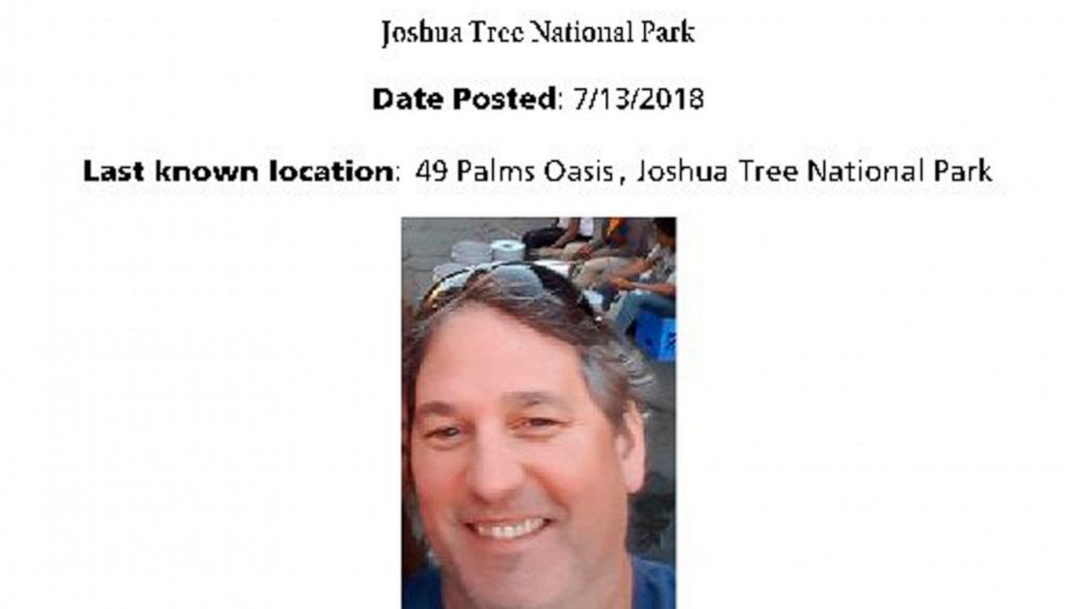 FILE - This undated image posted in July, 2018 on the Joshua Tree National Park Twitter page shows information about Paul Miller, 51, a Canadian man missing since heading out for a hike on July 13, 2018, in the Southern California desert park. A sear