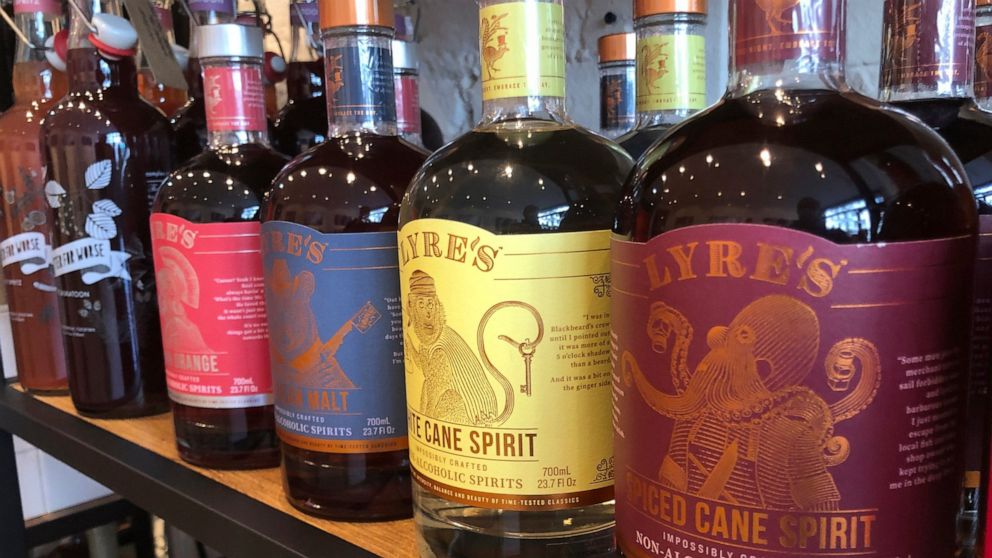 This March 4, 2021 photo shows alcohol-free spirits for sale at Spirited Away, New York's first "booze-free bottle shop." According to IWSR Drinks Market Analysis, global consumption of zero-proof beer, wine and spirits is growing two to three times 