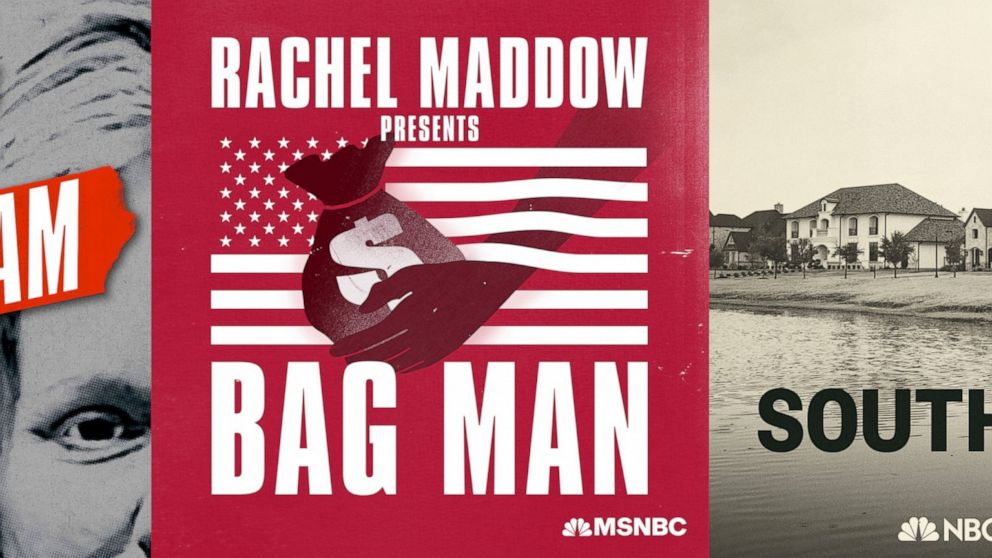 This combination of photos shows promotional art for NBC News podcasts, from left, "The Thing About Pam,” a true crime podcast, "Rachel Maddow Presents Bag Man,” about former Vice President Spiro Agnew, and "Southlake," a series about a Texas communi