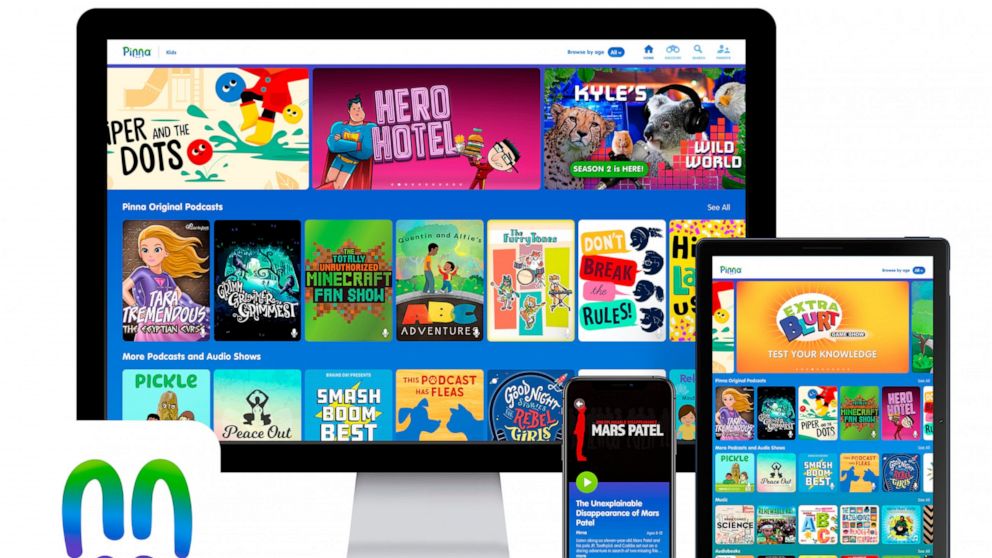 This product image released by Pinna shows the Pinna app displayed on a computer, mobile phone and tablet. The on-demand streaming service offers podcast, audiobook and music compilations for kids. (Pinna via AP)