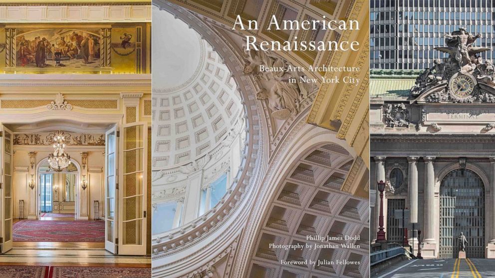 This combination of photos shows, from left, the Pompeian Room of the Joseph Raphael De Lamar House in the Murray Hill neighborhood of Manhattan, the cover of "An American Renaissance: Beaux-Arts Architecture in New York City,” by Phillip James Dodd 