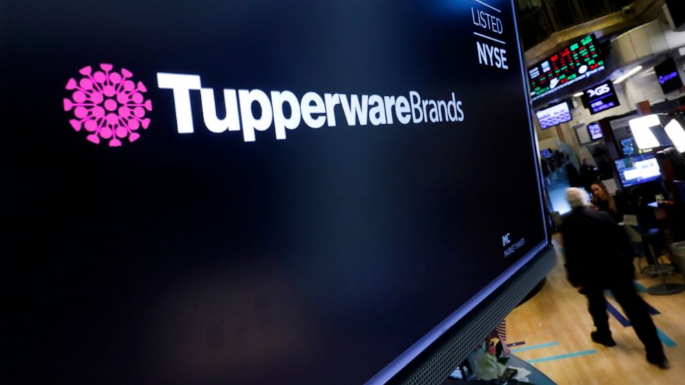 FILE - In this Oct. 30, 2019 file photo, the logo for Tupperware Brands appears above a trading post on the floor of the New York Stock Exchange. Tupperware Brands, on Wednesday, Oct. 28, 2020, posted third quarter profit of $34.4 million, more than 