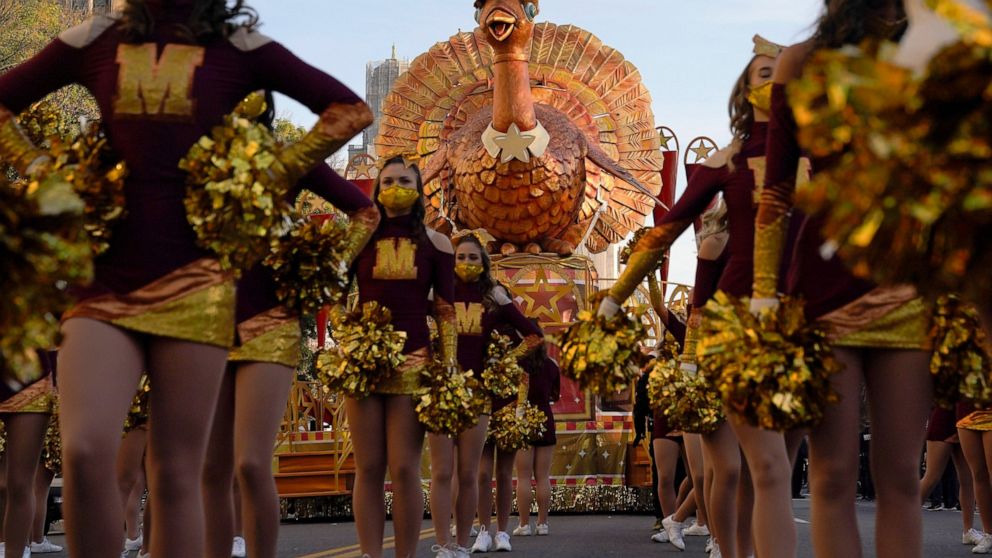 FILE - The Tom Turkey float waits along Central Park West before the start of the Macy's Thanksgiving Day Parade, in New York on Nov. 25, 2021. This year’s parade will feature 16 giant character balloons, 28 floats, 40 novelty and heritage inflatable