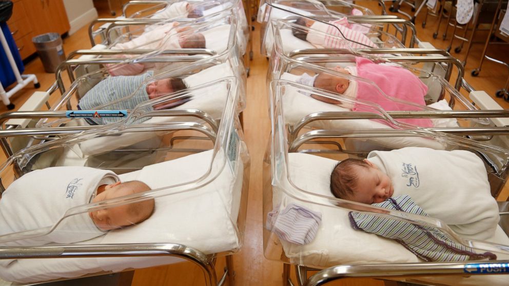 FILE - In this Feb. 16, 2017, file photo newborns rest in the nursery of Aishes Chayil, a postpartum recovery center, in Kiryas Joel, N.Y. Some parents are discovering that the Social Security number assigned to their newborn is being used by crimina