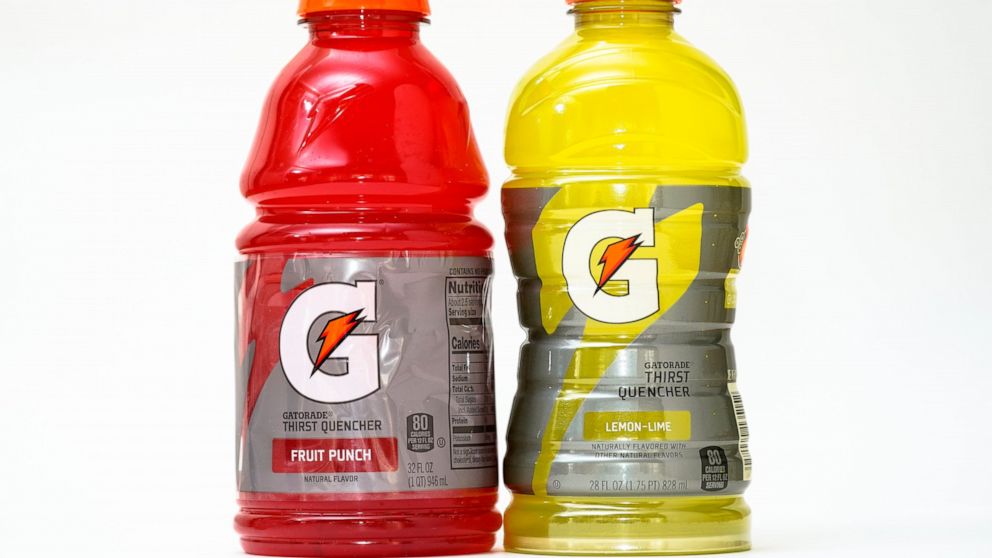Bottles of Gatorade are pictured, left, a 32 fluid ounce and 28 fluid ounce, in Glenside, Pa., Monday, June 6, 2022. (AP Photo/Matt Rourke)