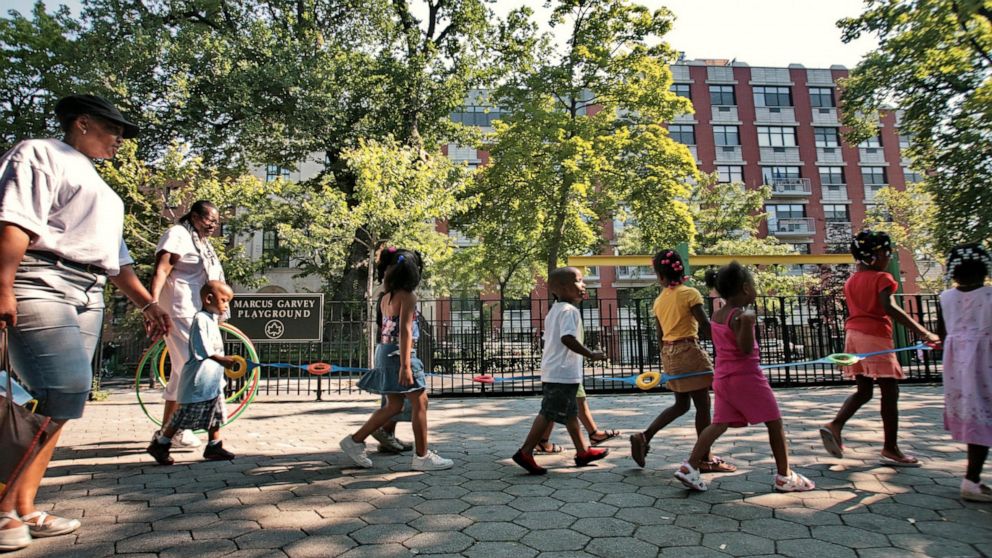 FILE - Children from a nearby daycare are escorted in Marcus Garvey Park in the Harlem neighborhood of New York Wednesday, Aug. 1, 2007. Some states have moved ahead with plans of their own to boost child care subsidies after a national effort by Dem