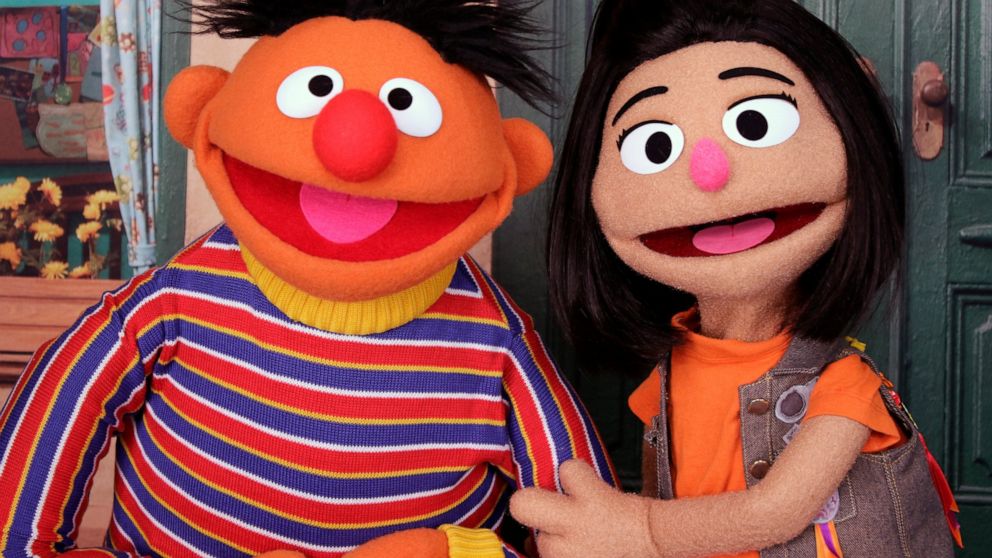Ernie, a muppet from the popular children's series "Sesame Street," appears with new character Ji-Young, the first Asian American muppet, on the set of the long-running children's program in New York on Nov. 1, 2021. Ji-Young is Korean American and h