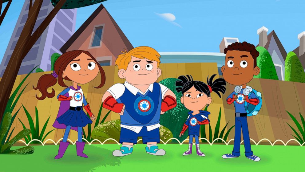 This image released by PBS Kids shows characters from the TV series "Hero Elementary," from left, Lucita Sky, Benny Bubbles, Sara Snap and AJ Gadgets, a superhero who has the ability to make super gadgets – and who also happens to be on the Autism sp