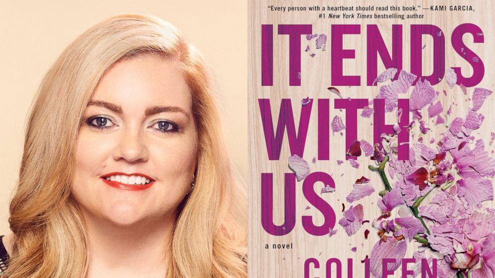 This combination of photos shows author Colleen Hoover, left, and a cover image for her book "It Ends With Us." (Chad Griffith/Atria via AP, left, and Atria via AP)