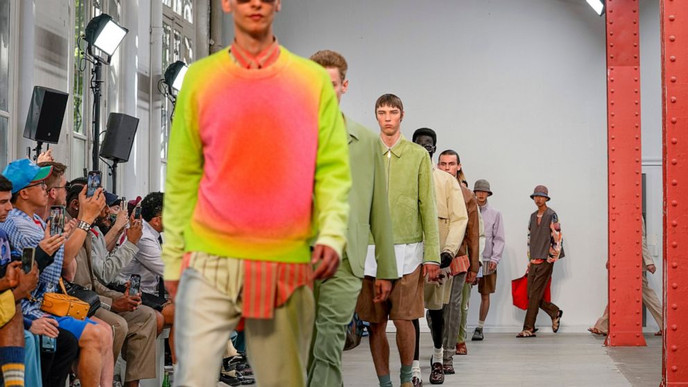 A model wears a creation as part of the Paul Smith men's Spring Summer 2023 collection presented in Paris, France, Friday, June 24, 2022. (AP Photo/Michel Euler)