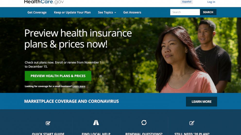 This image provided by U.S. Centers for Medicare & Medicaid Service shows the website for HealthCare.gov. Millions of Americans who have lost health insurance in an economy shaken by the coronavirus can sign up for taxpayer-subsidized coverage starti