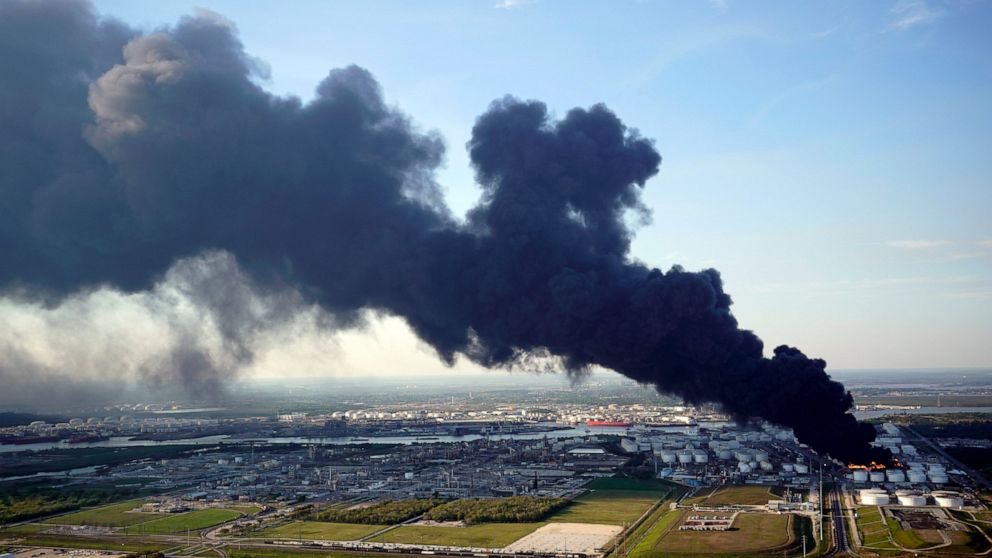 FILE - In this March 18, 2019 file photo, a plume of smoke rises from a petrochemical fire at the Intercontinental Terminals Company in Deer Park, Texas. The Texas Parks & Wildlife Department says the San Jacinto Battleground State Historic Site in L