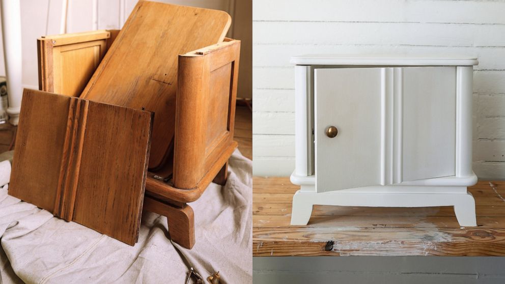 This combination of two photos shows a disassembled wood cabinet, left, and the cabinet refinished with white paint and brass hardware, featured in the book "Probably This Housewarming: A Guide to Creating a Home You Adore," by Beau Ciolino and Matt 