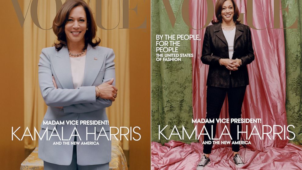 This combination of photos released by Vogue shows images of Vice President-elect Kamala Harris on the cover of their February digital and print issues. Vogue's February 2021 issue is available on newsstands nationwide on January 26. (Tyler Mitchell/