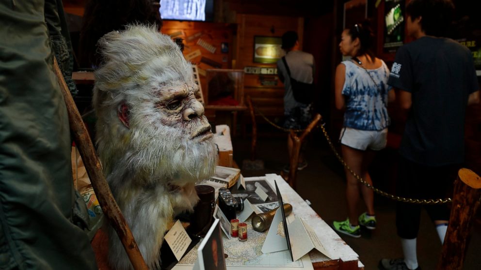 This Aug. 8, 2019, photo shows a Bigfoot mask and other items donated by the family of Yeti researcher Tom Slick on display at Expedition: Bigfoot! The Sasquatch Museum in Cherry Log, Ga. The owner of this intriguing piece of Americana at the souther