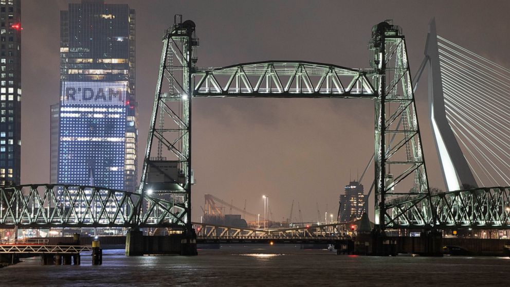 View of the Koningshaven Bridge, known as De Hef, (The Lift), in Rotterdam, Netherlands, Thursday, Feb. 3, 2022. A plan to dismantle the historic bridge in the heart of Dutch port city so that a huge yacht, reportedly being built for Amazon founder J