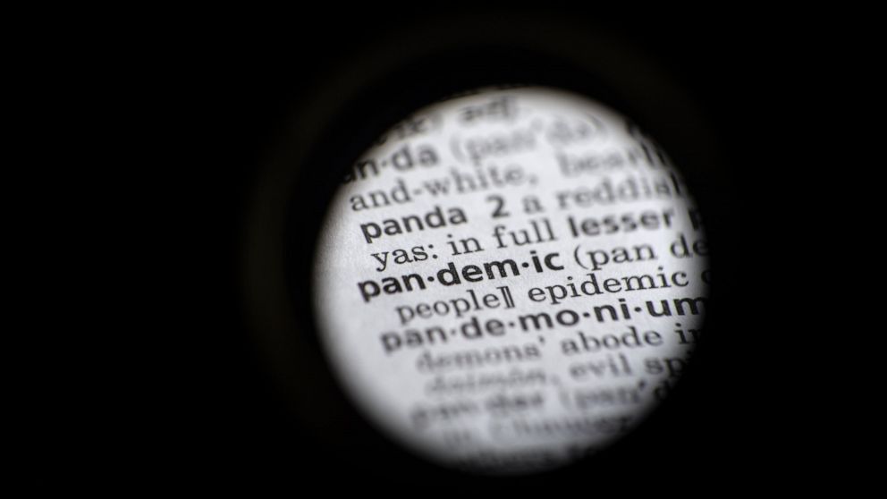 In this Saturday, Nov. 21, 2020, photo taken through a camera lens the word "pandemic" in seen in a dictionary in Washington. Dictionary.com declared “pandemic” its 2020 word of the year. (AP Photo/Jenny Kane)