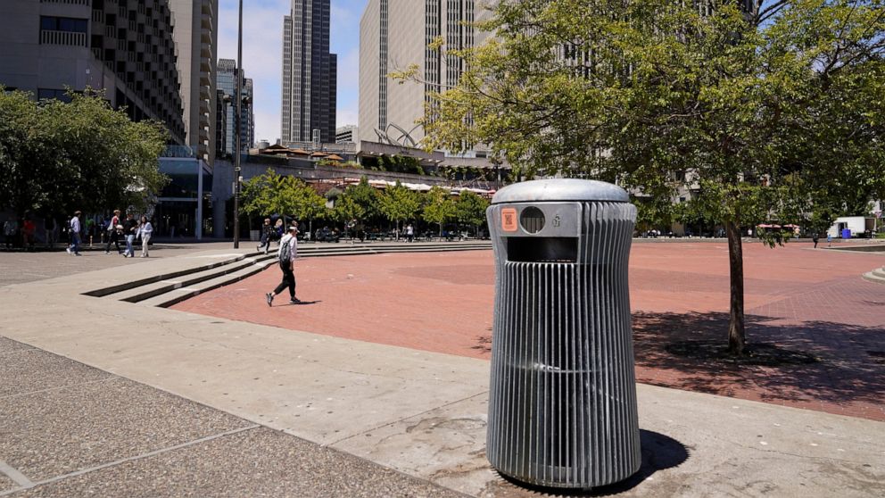 A prototype trash can called Salt and Pepper is seen near the Embarcadero in San Francisco on July 26, 2022. What takes years to make and costs more than $20,000? A trash can in San Francisco. The pricey, boxy bin is one of three custom-made trash ca