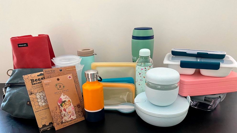 This image taken on July 2021 shows lunch containers and wraps in New York. As we approach back-to-school time, sprucing up our lunch apparatus helps with the "fresh start" feeling: think about a new lunch bag, reusable food wrappers, insulated bowls
