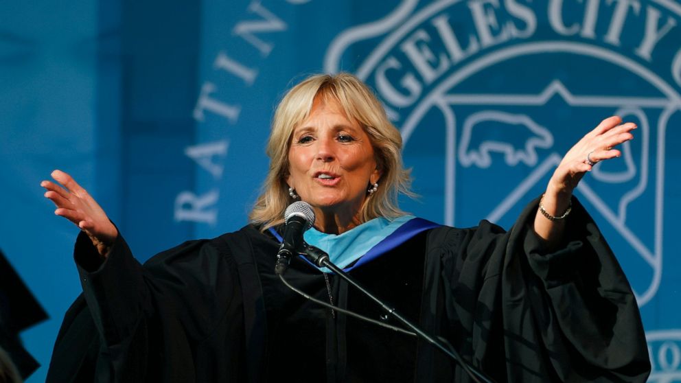 First lady Jill Biden speaks at the Los Angeles City College commencement ceremony in Los Angeles, Tuesday, June 7, 2022. (AP Photo/Ringo H.W. Chiu)