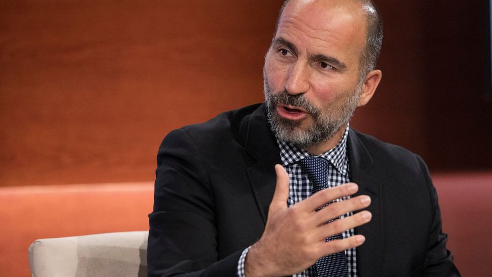 FILE - In this Wednesday, Sept. 25, 2019, file photo Dara Khosrowshahi, CEO of Uber, speaks at the Bloomberg Global Business Forum in New York. Uber will begin cramming more services into its ride-hailing app as it explores ways to generate more reve