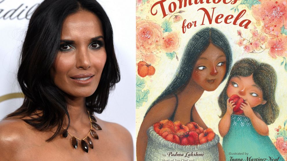 Padma Lakshmi appears at the Producers Guild Awards in Beverly Hills, Calif., on Jan. 19, 2019, left, and cover art for "Tomatoes for Neela," a children's book written by Lakshmi, with illustrations by Juana Martinez-Neal. The book mixes the author's