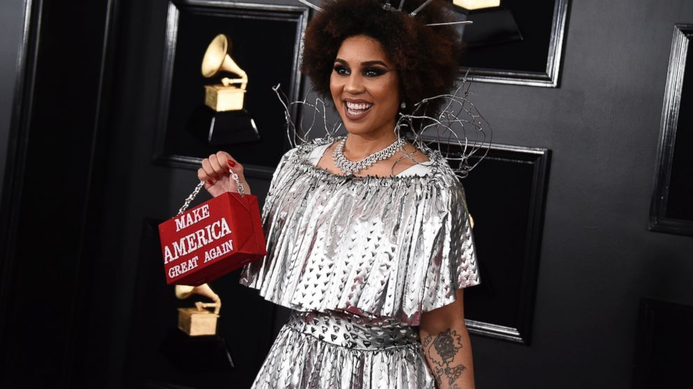 Joy Villa holds a purse that reads "Make America Great Again" at the 61st annual Grammy Awards at the Staples Center on Sunday, Feb. 10, 2019, in Los Angeles. (Photo by Jordan Strauss/Invision/AP)